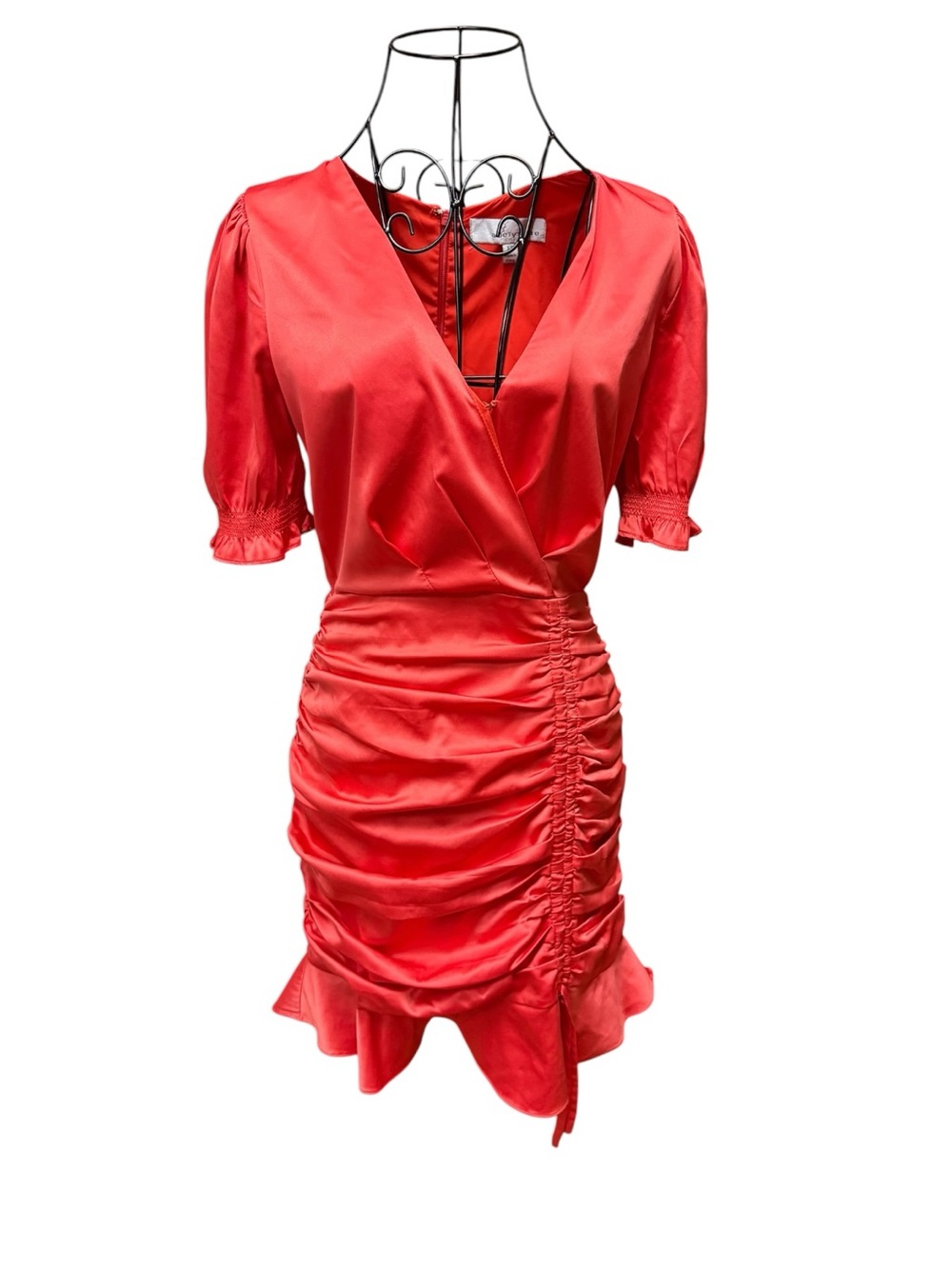 Adelyn Rae Red Coral Orange Ruched Mini Holiday Satin Cocktail Dress